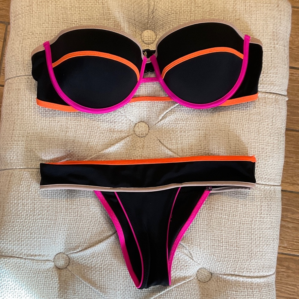Victoria's Secret Black Bikini with Pink and Orange Accents Top 36C Bottoms XS